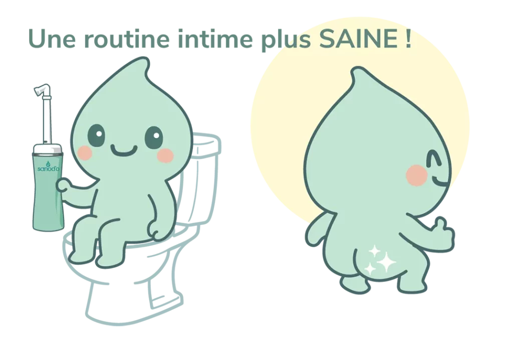 Mascotte Sanod’O utilisant une douchette portable pour une hygiène intime plus saine